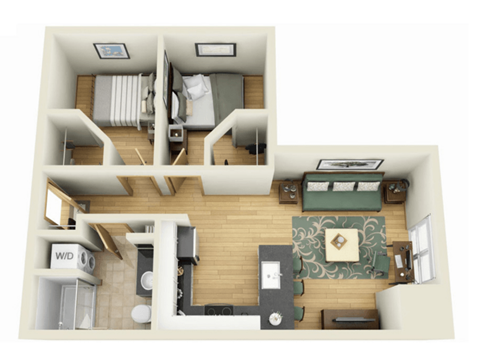 Floor plan for 2 beds, 1 bath, 641 sqft
